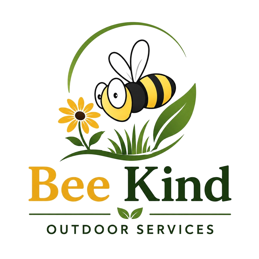 Bee Kind Outdoor Services logo with a bee, flower, grass, and leaves